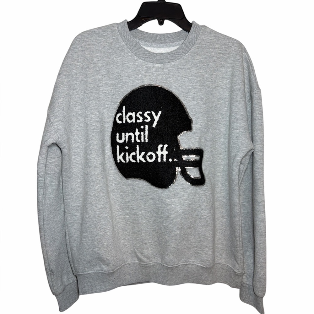 Judith March Gray Classy Until Kickoff Football Glitter‎ Patch Sweatshirt Medium